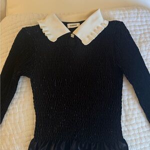 Sandro Black Top with Cream Ruffled Collar